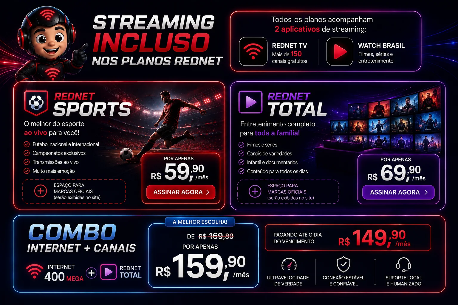 Rednet Sports, Rednet Total e combo 400 Mega mais Rednet Total